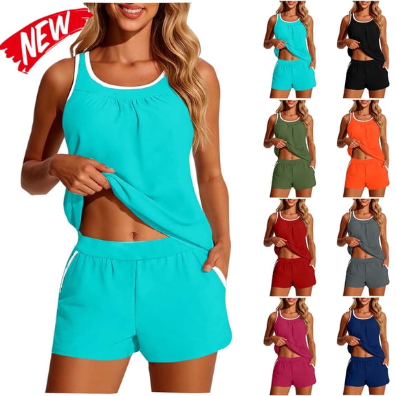 Taqqpue Two Piece Women's Tankini Swimsuits Blouson Swim Tank Top with Shorts Modest Bathing Suits