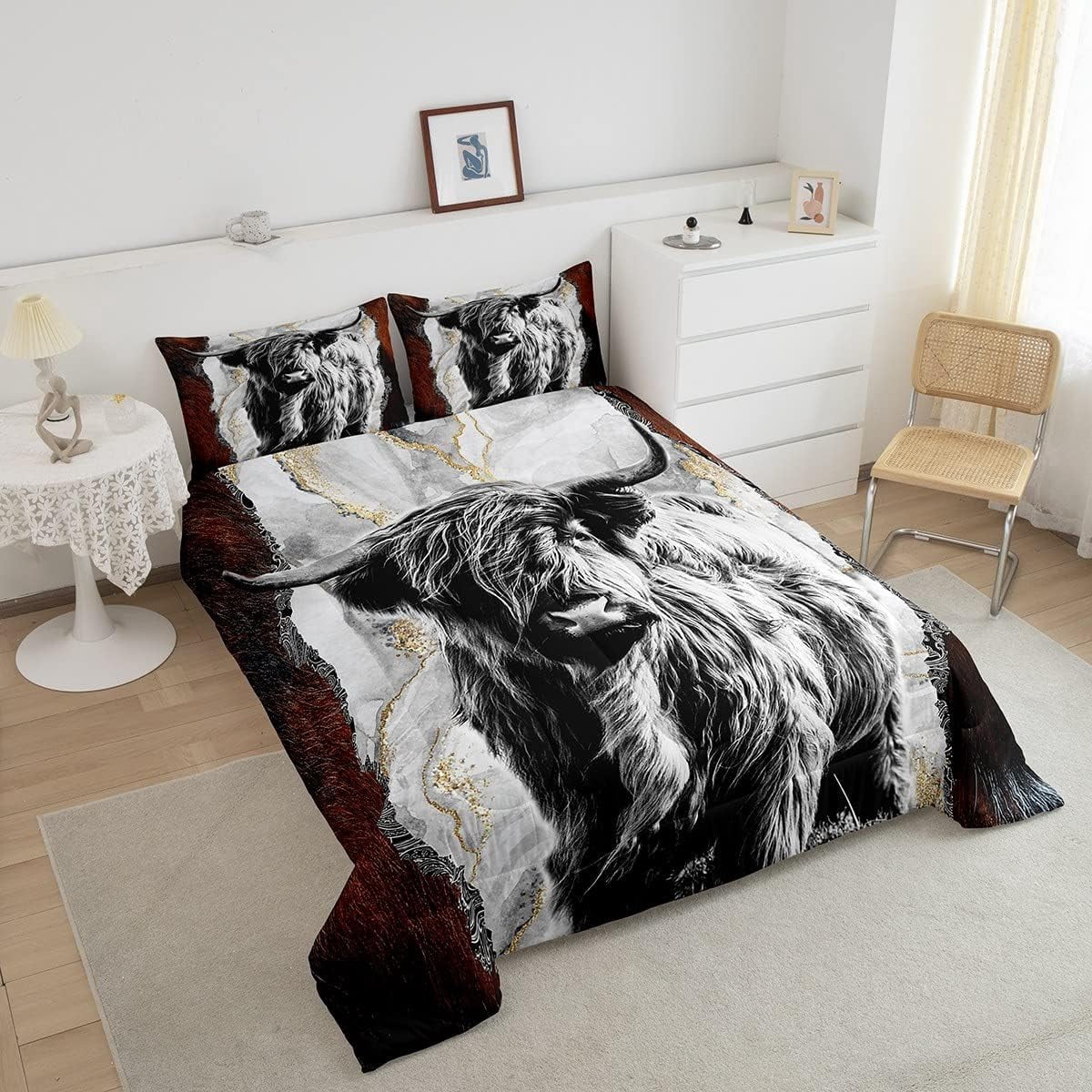 Highland Cow Comforter Set Full,Bull Cattle Bedding Set,Gold Grey Marble Duvet Insert Men,Wildlife Farmhouse Cow Down Comforter with 2 Pillowcases Home Room Decor