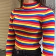 thumbnail image 3 of Womens Autumn Long Sleeve Turtleneck Sweater Colorful Rainbow Stripes Short Crop, 3 of 17
