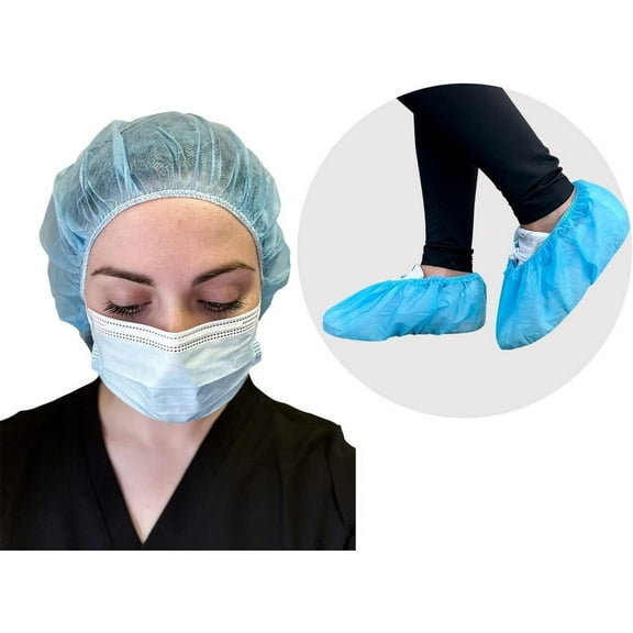 Endure Medical Supply Combo, Disposable Bouffant Cap 21” Pack of 100, Anti-Skid Shoe Cover Blue Pack of 100