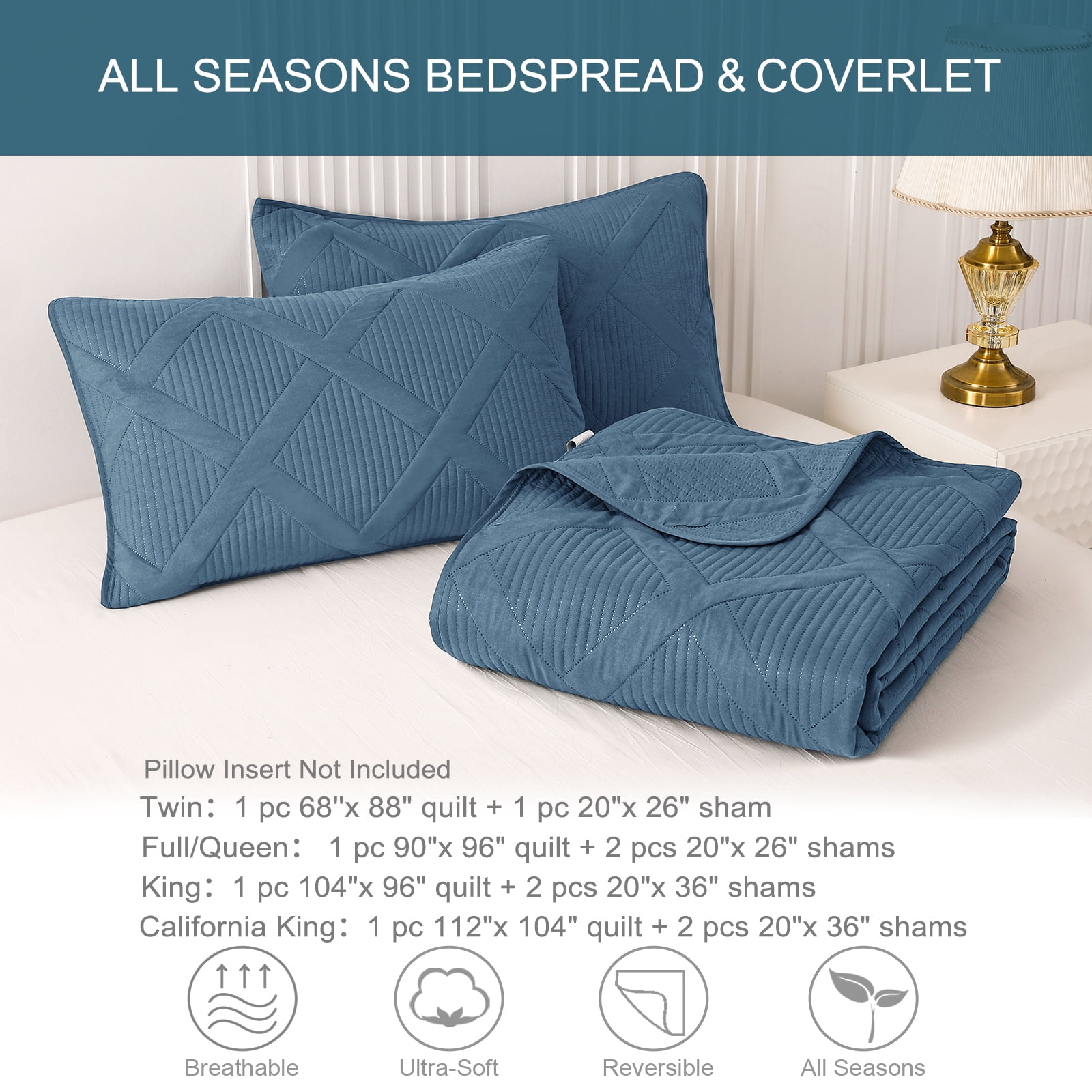 Exclusivo Mezcla Ultrasonic King Quilt Set, 3-Piece Lightweight Bedspreads Modern Striped Coverlet, Bluish Grey