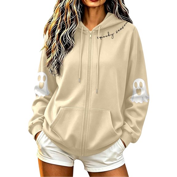 Hoodies for Women Halloween Long Sleeve Sweatshirt Classic Print Zip Casual Tops With Pockets Fleece Lined