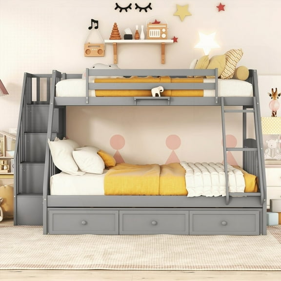 Twin-Over-Full Bunk Bed in Gray - Solid Pine, Safe & Spacious!