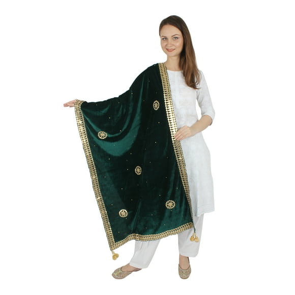 BOTTLE GREEN Velvet Scarf Gota Patti Four Side Work Party Wear Dupatta/Chunni Shawl