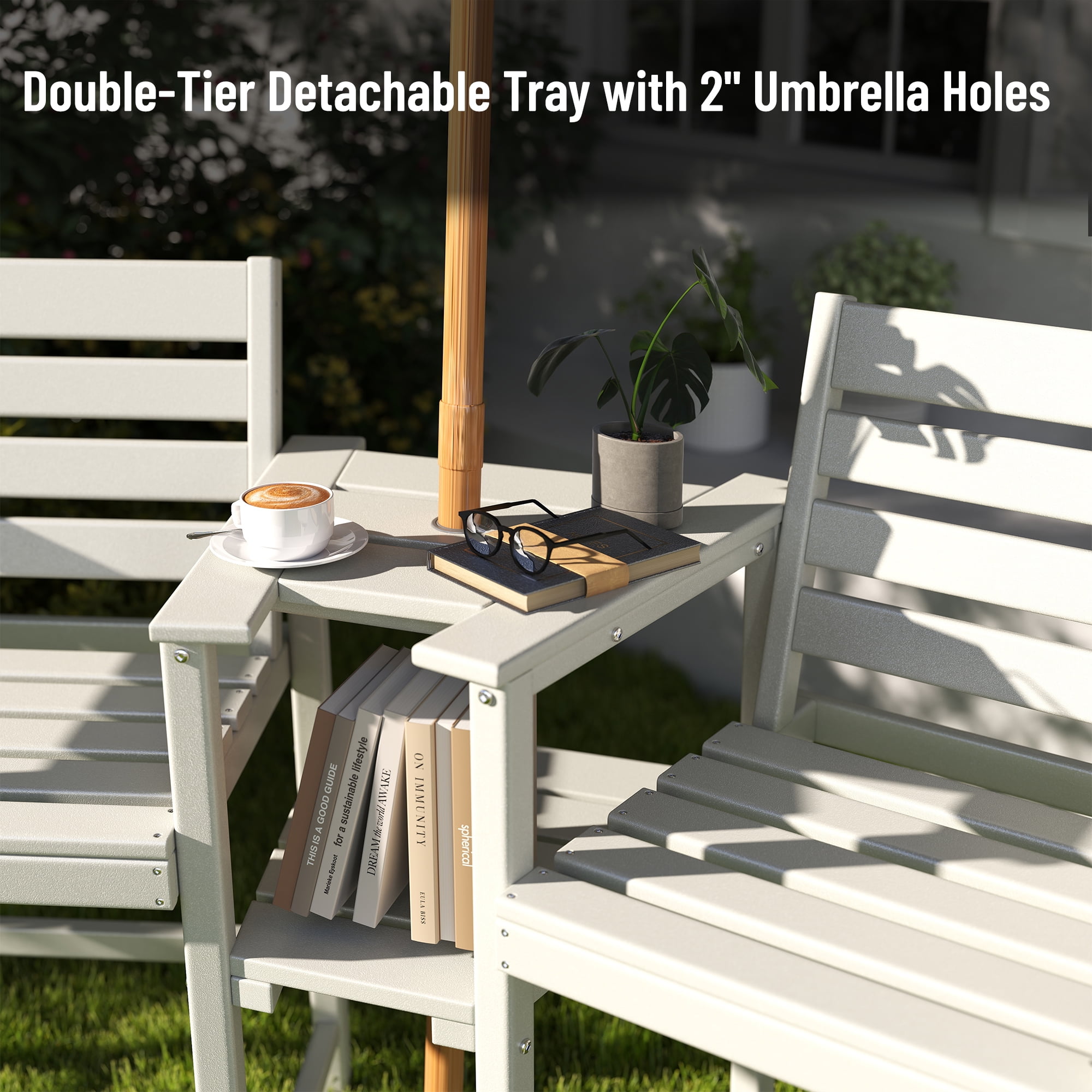 FOOWIN HDPE Plastic Tall Adirondack Chair Set of 2 W/ Outdoor Barstools and Connecting Tray, White