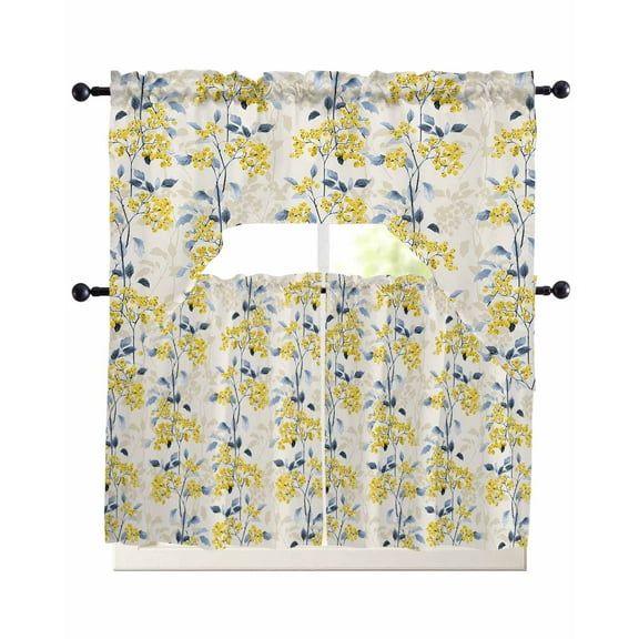 Yellow Blue Spring Floral Kitchen Curtains Sets 36 Inch Length with Valance, Summer Botanical Farmhouse Swag Valances and Tiers Curtain Set Drapes Swag Curtains for Living Room, Bathroom, Bedroom