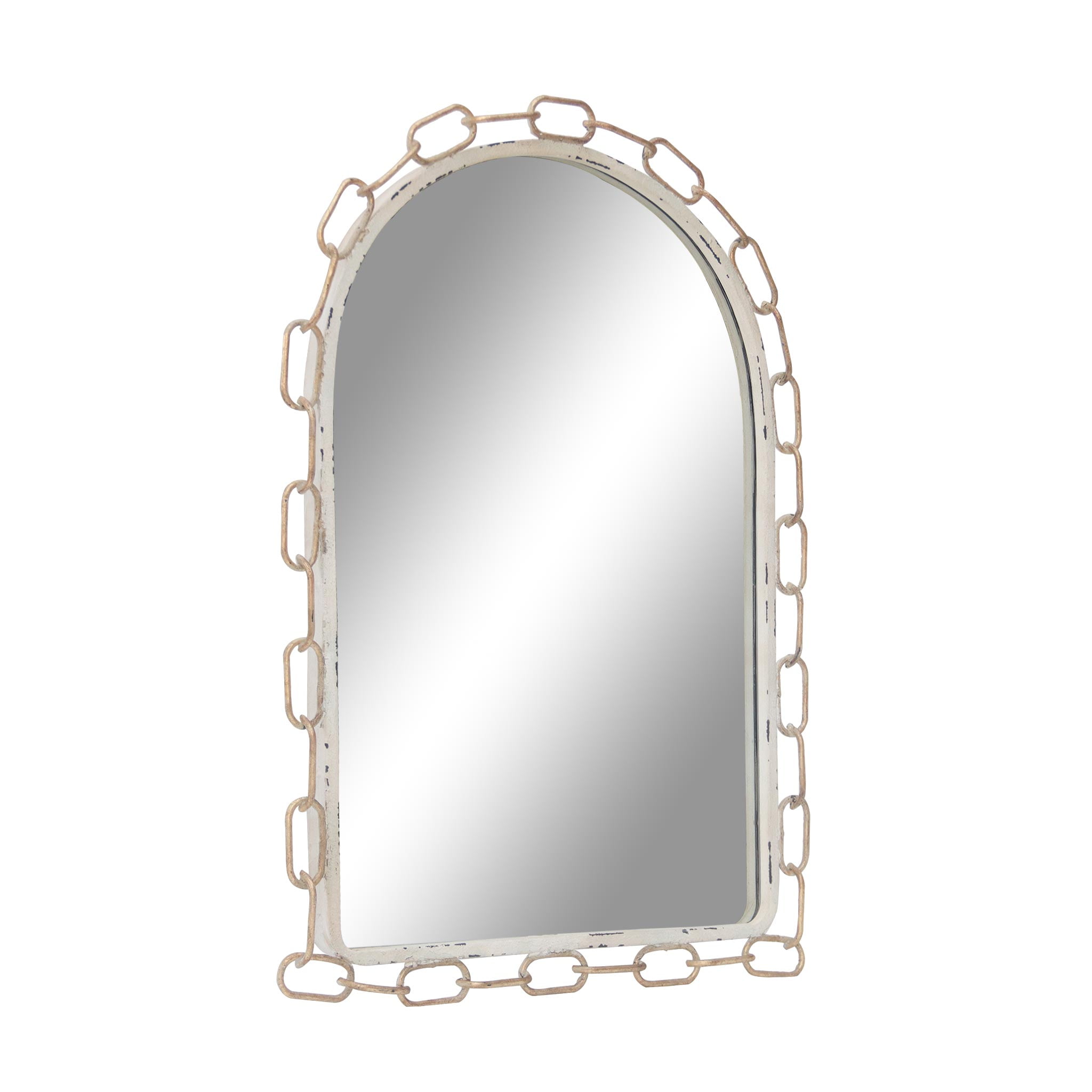 Parisloft Arched Metal Chain Link Wall Mirror, Farmhouse Rustic Metal Wall Mirror for Bedroom, Bathroom, Livingroom, Entry, Distressed White and Gold, 23.375 x 31.625 Inch