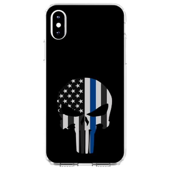 DistinctInk Clear Shockproof Hybrid Case for iPhone XR (6.1" Screen) - TPU Bumper, Acrylic Back, Tempered Glass Screen Protector - Thin Blue Line Skull - Show Your Support for First Responders