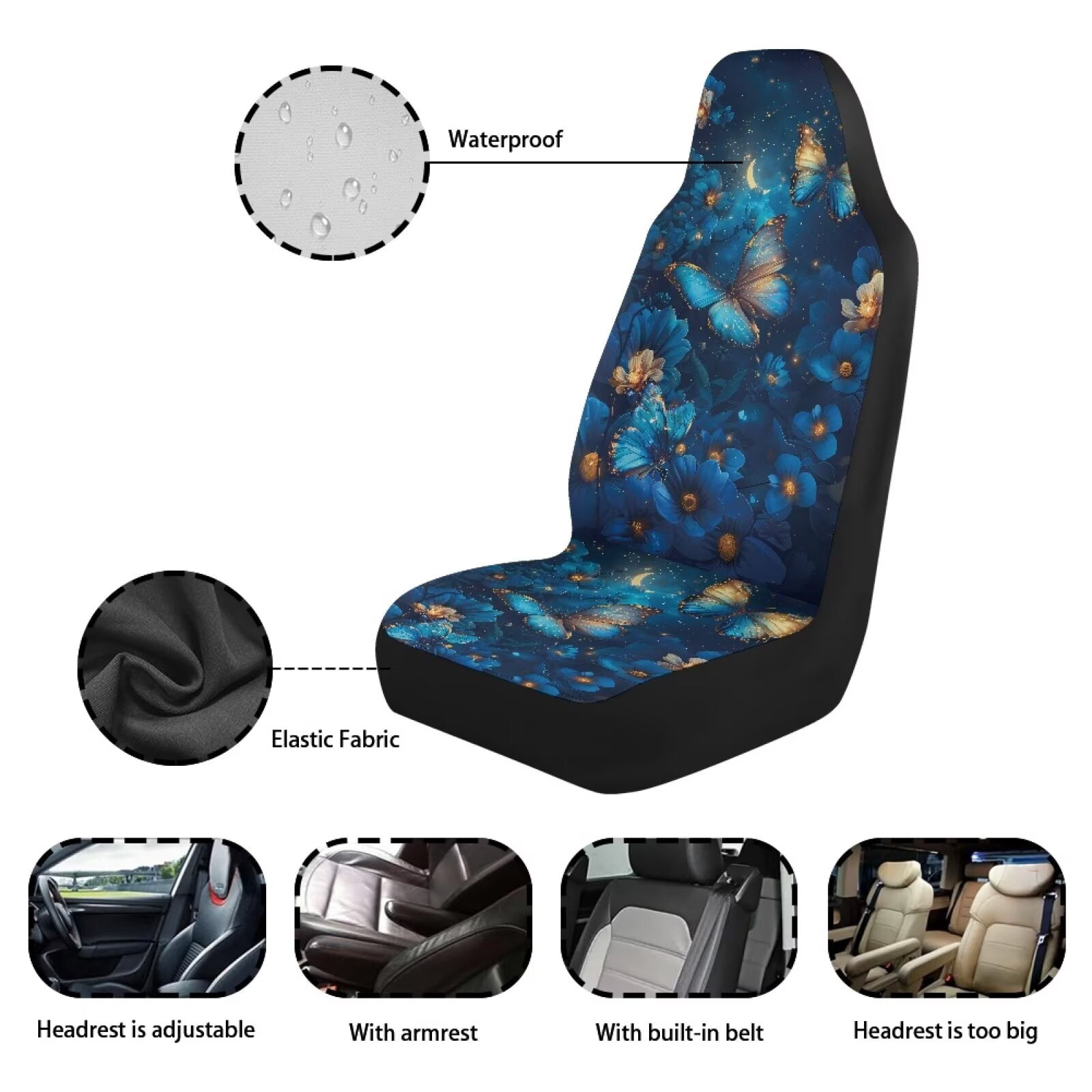 Uorisanigo Waterproof Car Front Seat Covers Stretch Polyester Fabric Cover Blue Butterfly Floral Auto Interior Accessories 2 Pcs Set Universal Front Seat Cover Fit for Most Cars,SUV, Trucks