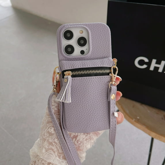 Crossbody Wallet Case for iPhone 14 Plus, RFID Blocking PU Leather Zipper Handbag Purse Flip Cover, Kickstand Folio Case with Card Slots Holder Wrist Strap Lanyard