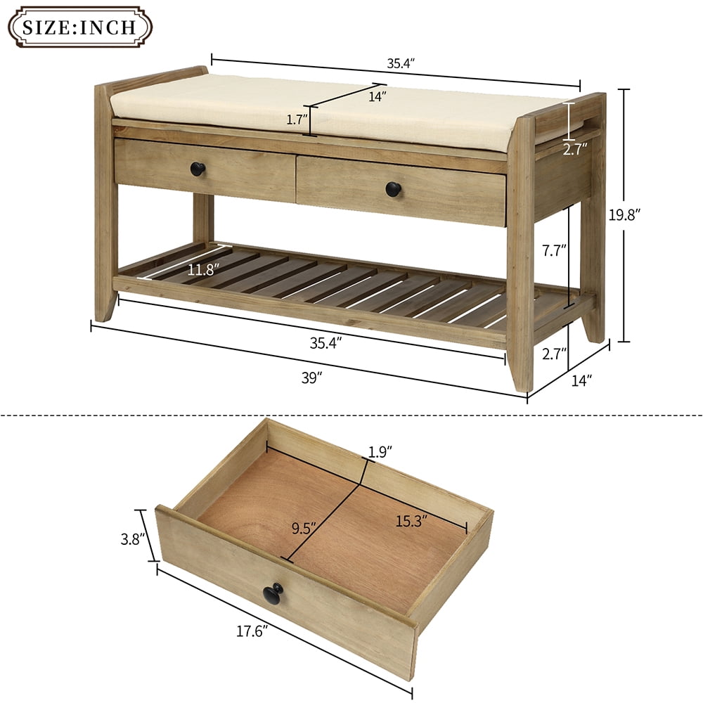Kepooman Storage Bench, Shoe Bench for Entryway, Rustic Solid Wood Bench with Cushioned Seat and Drawers for Living Room, Wood Color Kepooman Storage Bench, Shoe Bench for Entryway, Rustic Solid Wood Bench with Cushioned Seat and Drawers for Living Room, Wood Color