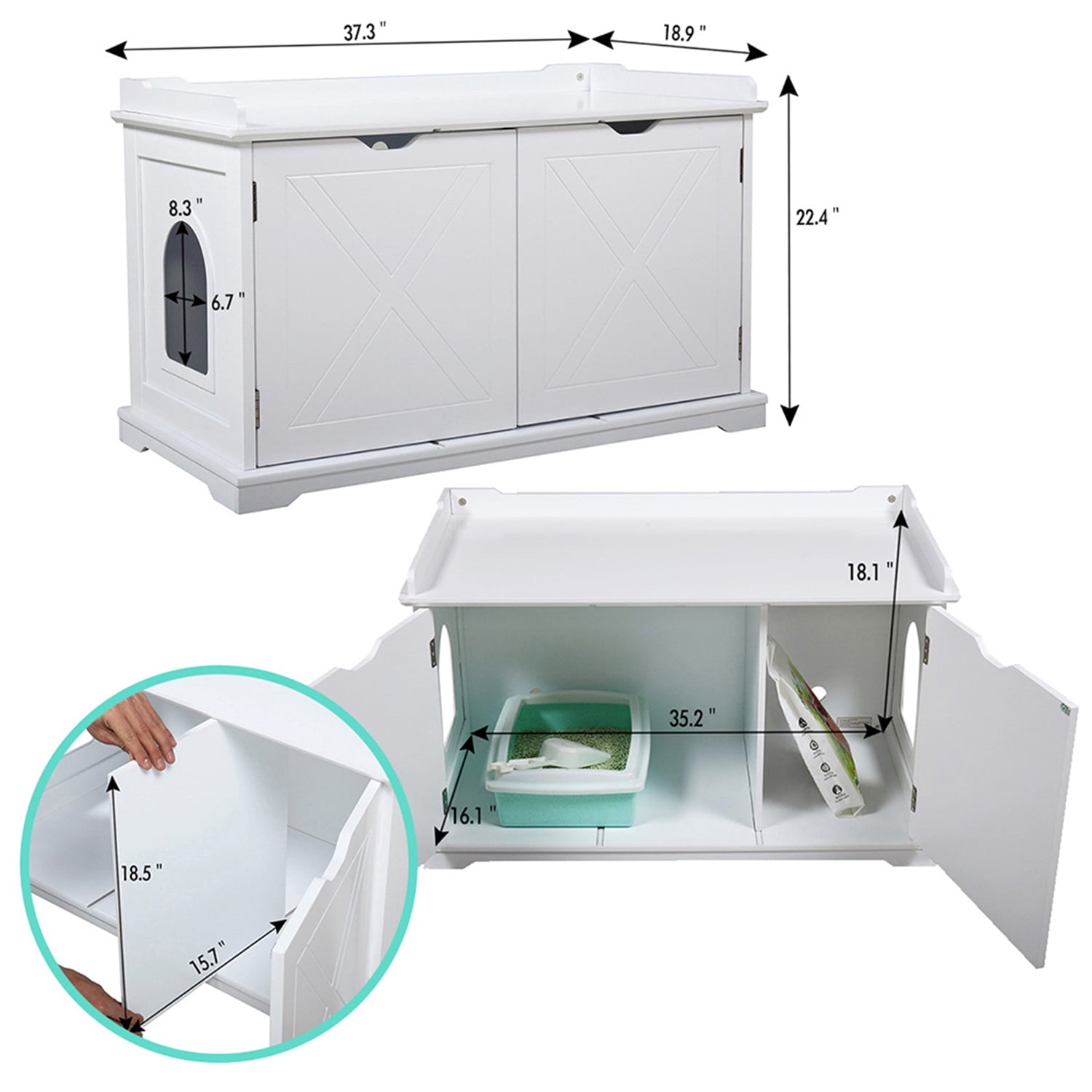 Pefilos 37" Enclosed Litter Box Enclosure Hidden Cat Washroom Bench,Cat House Cover, White
