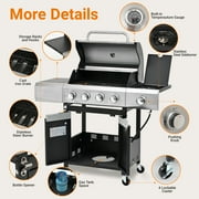 4 Burner BBQ Propane Gas Grill with Side Burner, Outdoor Stainless Steel 46790 BTU Patio Garden BBQ Grill with Lid, Wheels for Camping, Outdoor Cooking