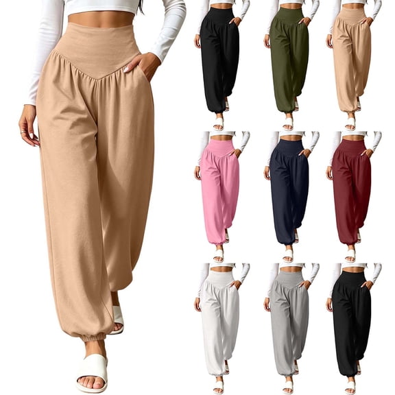 YHAJDS Women Yoga Workout Pants Solid Color Jogger Style Long Sports Trousers Designed With Pockets