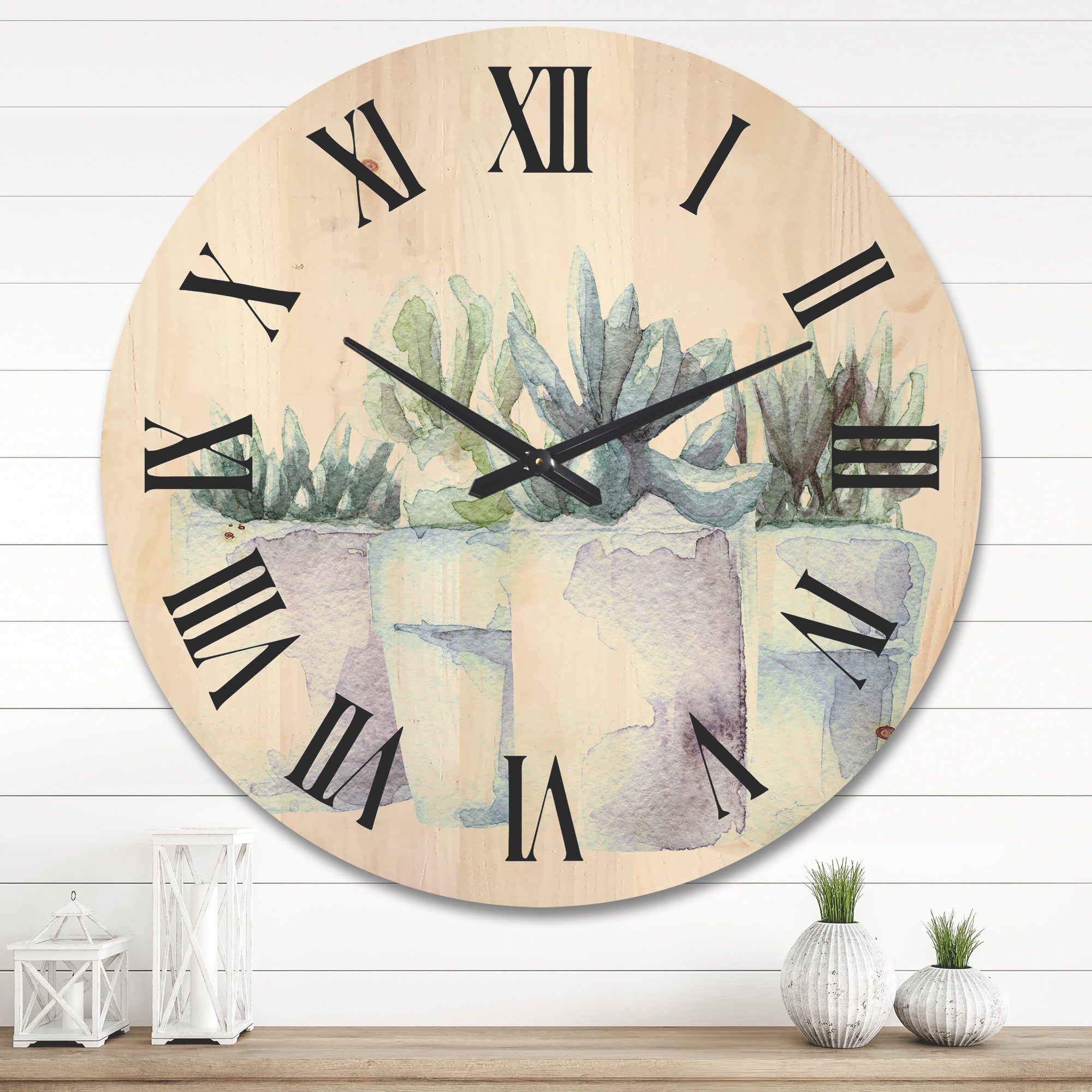 Designart 'Succulent and Cactus House Plants III' Farmhouse Wood Wall Clock