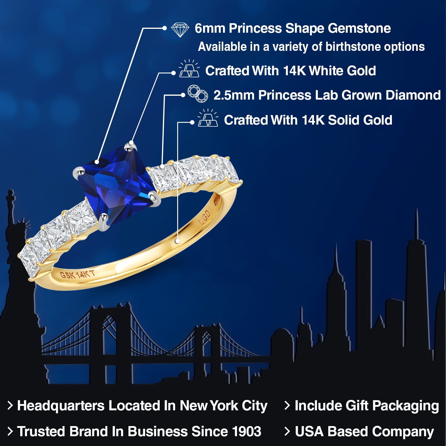 Gem Stone King 14K White And Yellow Gold Blue Created Sapphire and Lab Grown Diamond Engagement Ring for Women | 2.36 Cttw | Princess 6MM | Gemstone September Birthstone | Size 9