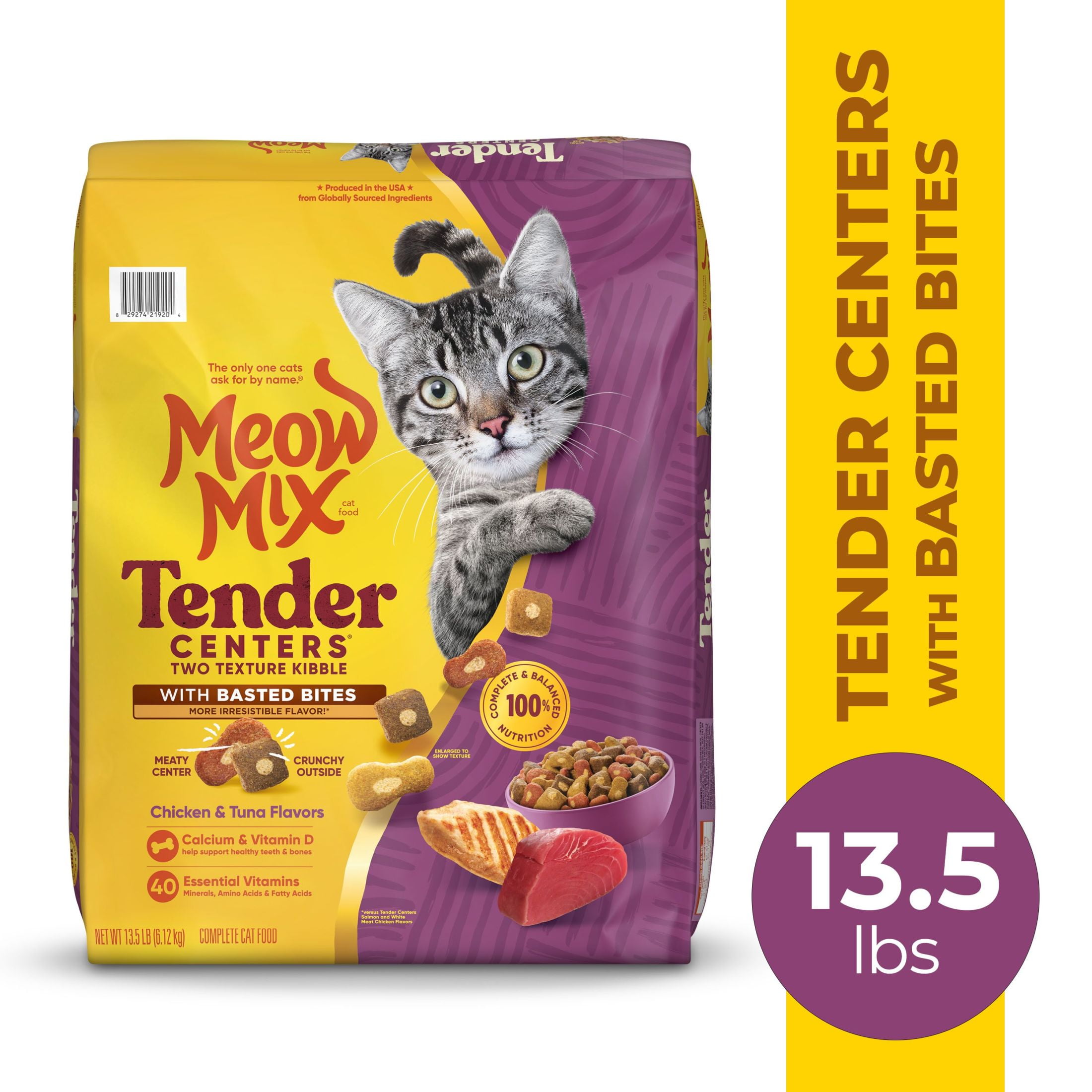 Meow Mix Tender Centers Basted Bites, Chicken & Tuna Flavors, Dry Cat Food, 13.5 lb. Bag
