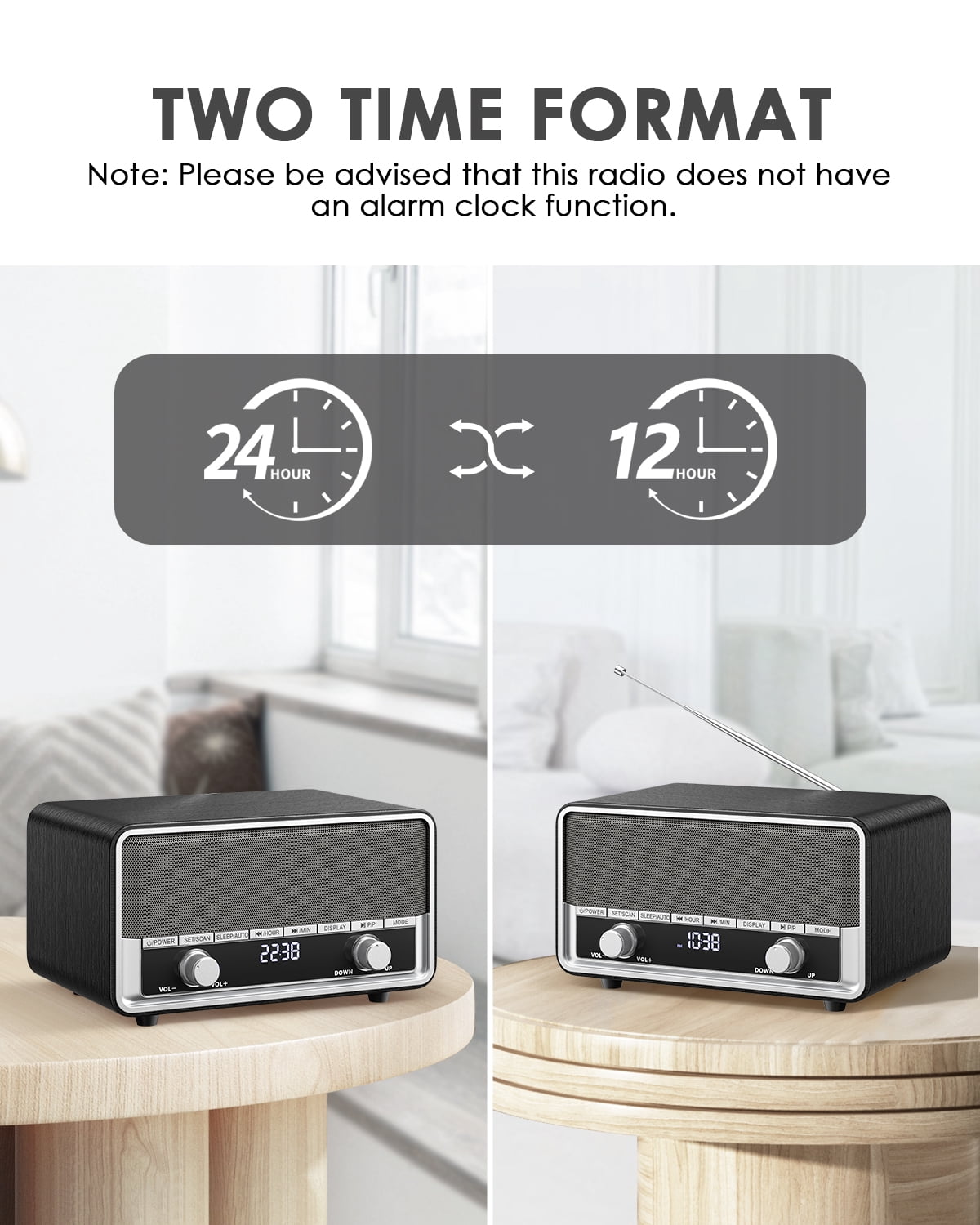 Retro AM FM Radio Plug in Wall, Digital Clock Radio for Bedroom with LCD Display| 40 Presets | Sleep Timer | No Alarm, Retro Bluetooth Speaker for Office,Great Gift Black