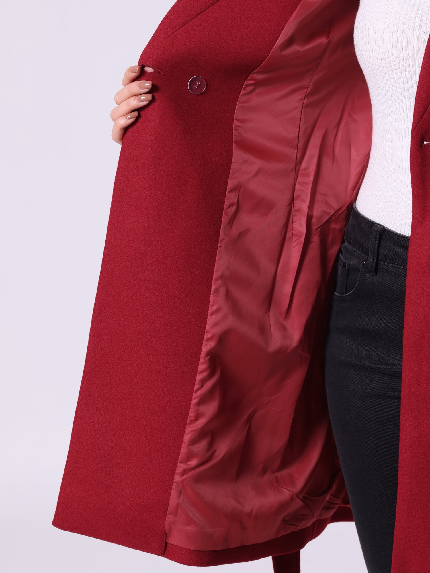 DARING DIVA Women's Vintage Belted Coat Stand Collar Winter Outwear Coats Dark Red M