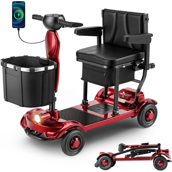 37.5lb Lightweight Mobility Scooters for Seniors, Airline & Cruise Approved | Foldable Portable Motorized Scooter for Adult, Dual Lithium Battery for 12.5Miles Travel, USB Port, Red
