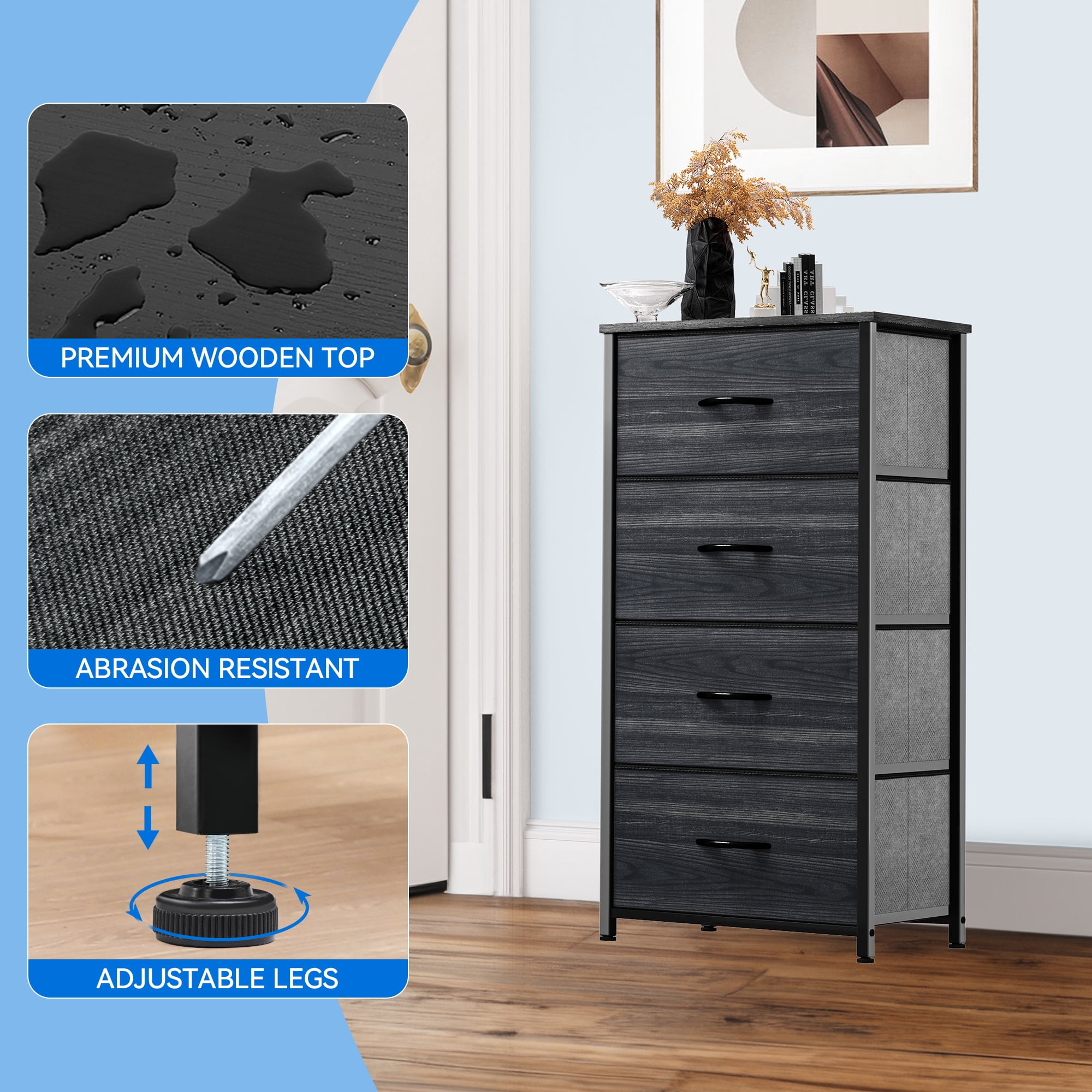 Uforic 4-Drawer Dresser, Organizer Unit for Adult for Bedroom, Living Room, Charcoal Black