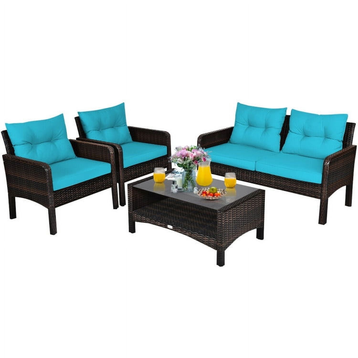 Aimee Lii 4 Pieces Outdoor Rattan Wicker Loveseat Furniture Set with Cushions, Small Patio Set, Turquoise Aimee Lii 4 Pieces Outdoor Rattan Wicker Loveseat Furniture Set with Cushions, Small Patio Set, Turquoise