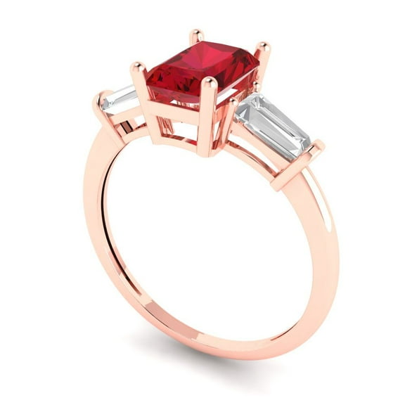 1.5 ct Emerald Cut Simulated Pink Tourmaline Three-Stone Engagement Ring for Women in 14K Rose Gold