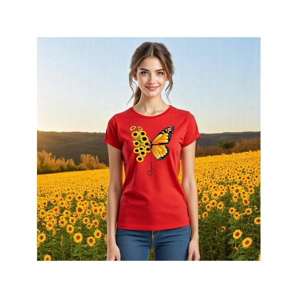 Blusa con Estampado de Mariposa y Girasoles – Diseño Único y Significativo Color Rojo Talla Extra Grande Marca Emil SaEs