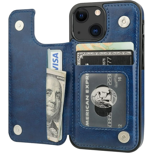 REQO Compatible with iPhone 13 Mini Wallet Case with Card Holder, PU Leather Kickstand Card Slots Case, Double Magnetic Clasp and Durable Shockproof Cover 5.4 Inch(Blue)