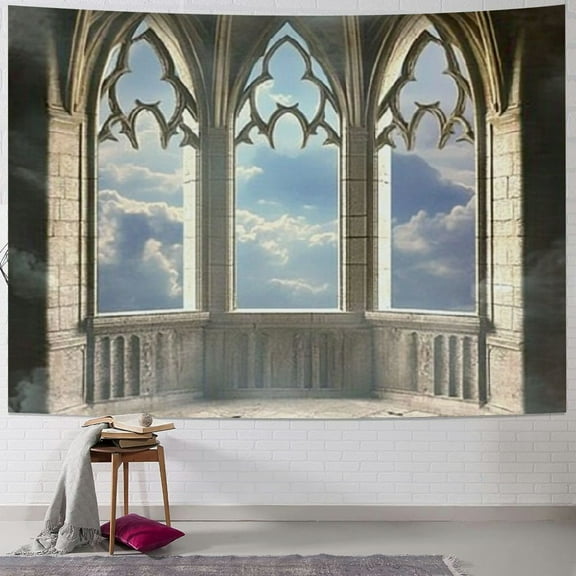 Patifu Tapestry, Medieval Stone Balcony Graphic Design Mystic Middle Age Story, Wall Hanging for Bedroom Living Room Dorm Decor 40x30inch