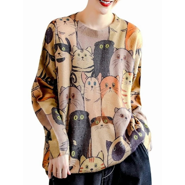 Female Christmas Sweater Graphic Printed Oversized Pullover Sweaters Casual Loose Knit Pullovers Color L