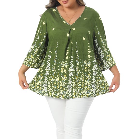 DARING DIVA Women's Plus V Neck Boho Floral Top Vacation 1X Green