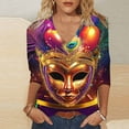 thumbnail image 2 of Tmtolofot Mardi Gras Womens Shirts 3/4 Sleeve Blouses Vneck Pullover Shirts Loose Tunic Clothing Mask Printed Carnival Psrty Costume,#6_Purple,5X-Large, 2 of 4