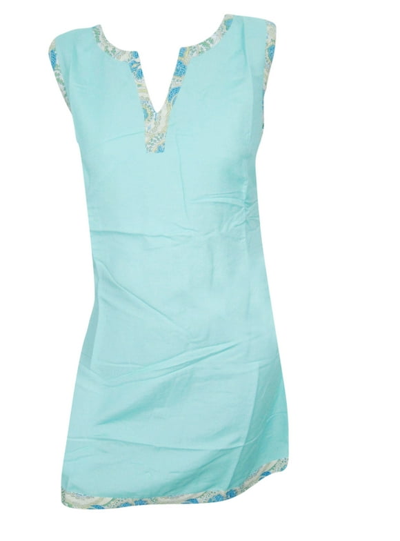 Mogul Women Blue Sleeveless Tunic Blue Cotton Solid Dress