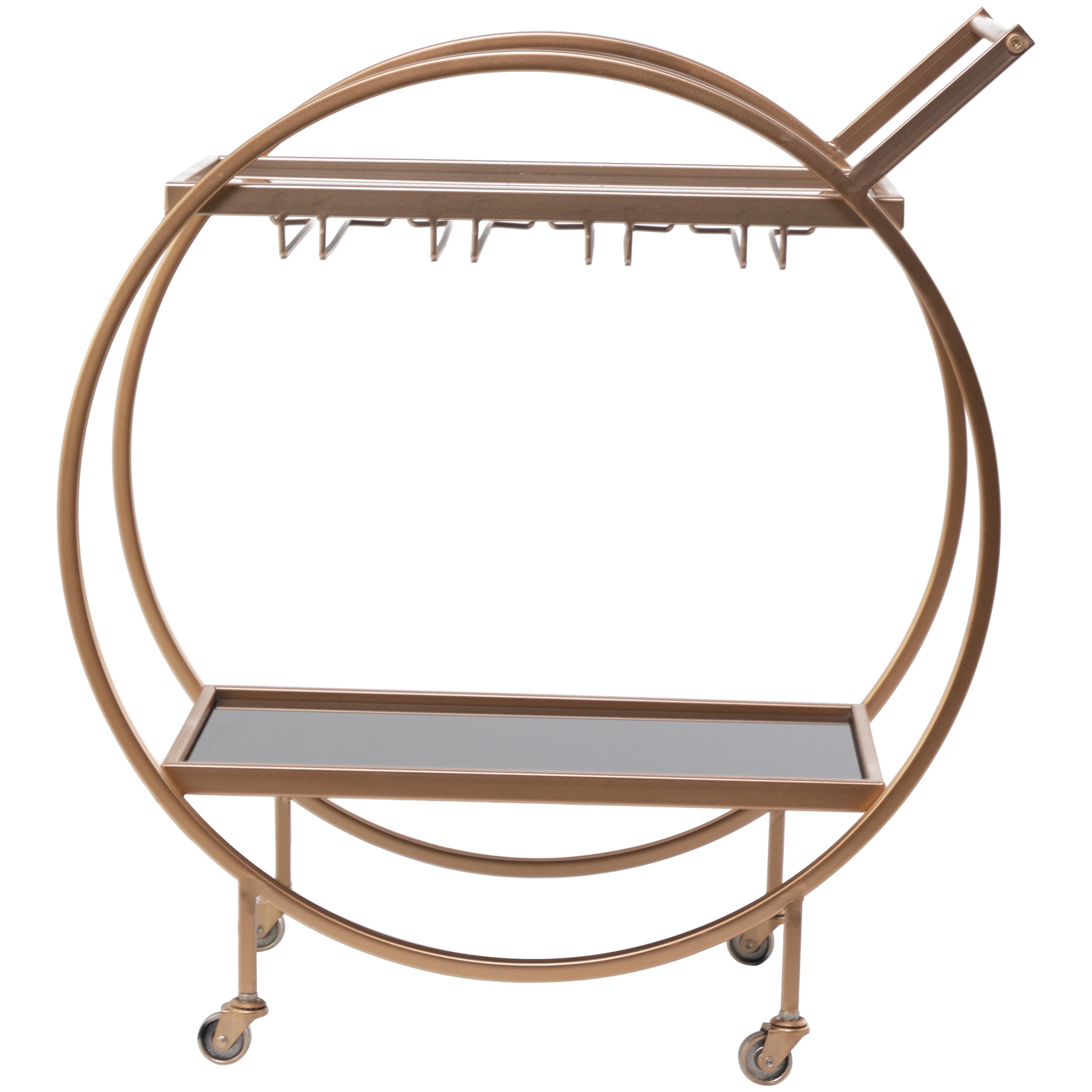DecMode 28" x 31" Rose Gold Metal Rolling 2 Mirrored Shelves Bar Cart with Wine Glass Storage and Handle, 1-Piece