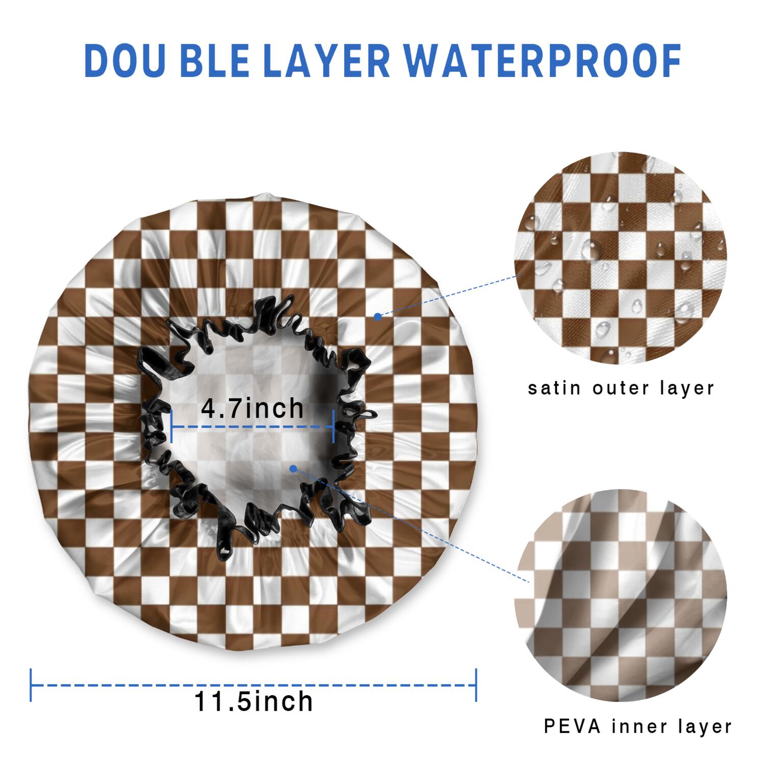 Shower Caps,Brown and White Checkerboard Pattern Waterproof Shower Cap for Women 4 Pieces,Double Reusable Hair Cover for Shower PEVA Elastic Stretch Hem
