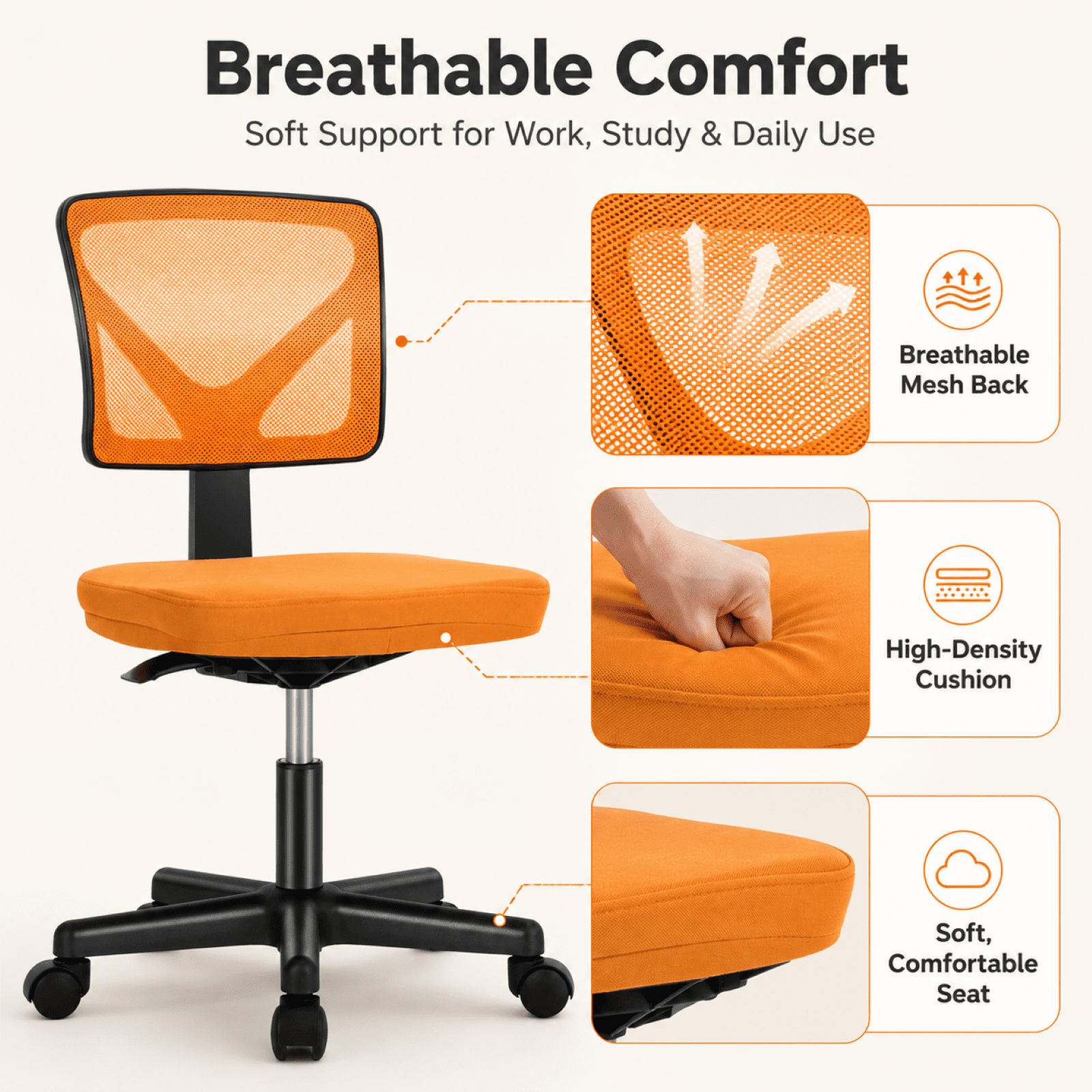 Kelno Small Desk Chair with Wheels Adjustable Computer Desk Chair with Lumbar Support Mesh Ergonomic Low-Back Office Chair, Orange