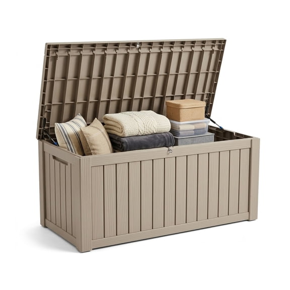 Decksplore 130 Gallon Wood Grain Resin Deck Box, Weatherproof Lockable Outdoor Storage Box with Bench Seat, Light Coffee