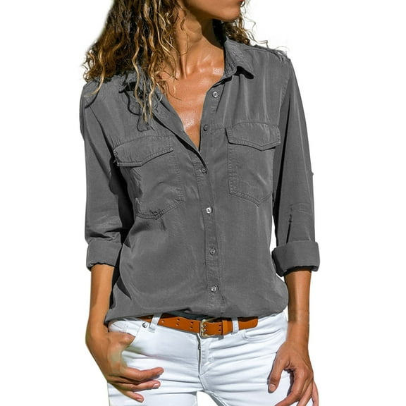 Charmgo Womens Shirts, Womens Casual Shirts Long Sleeve Roll Up Boyfriend Style Lapel V Neck Casual Work Blouses Womens Button Down Shirt Dress Shirts for Women Gray XXL