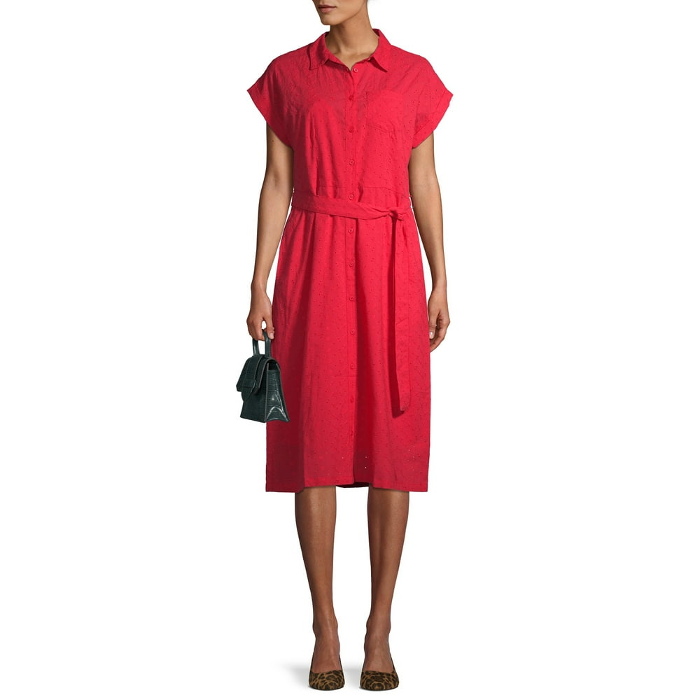 Time and Tru - Time and Tru Women's Eyelet Belted Midi Shirt Dress ...