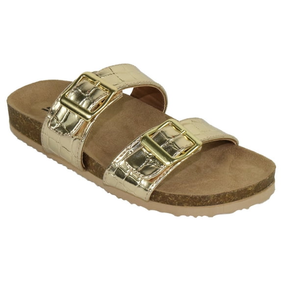 Soda Shoes Women Jesus Sandals Footbed Double Strap Functional Buckles Gladiator DUNYA-S Gold Crocodile 5.5