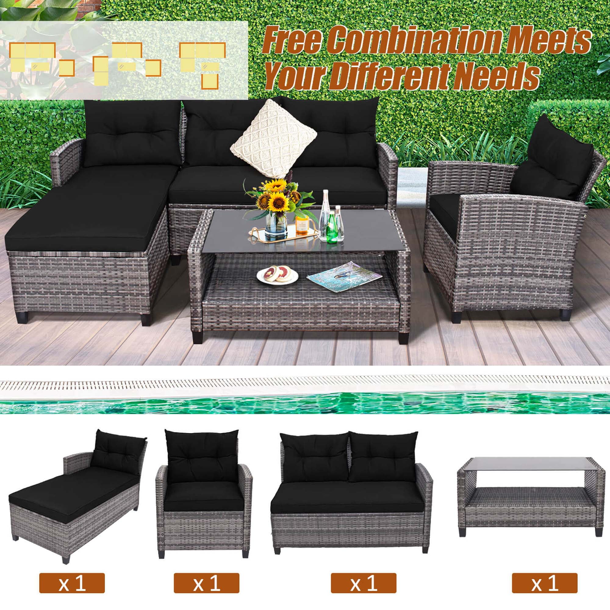 Costway 4 PCS Patio Rattan Furniture Set Sofa Ottoman Cushion Garden Deck Black