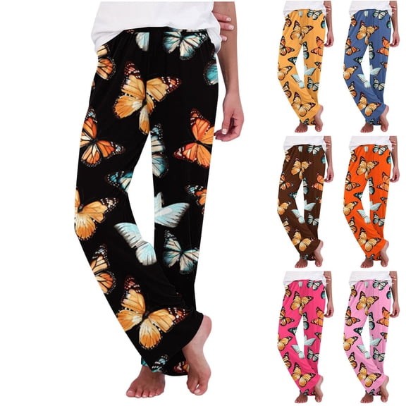 Jinhomg Womens Soft Comfy Lounge Pants Butterfly Printed Elastic Waist Pajamas Bottoms Stretch Loose-fit Pajama Pants Sleepwear Black,L
