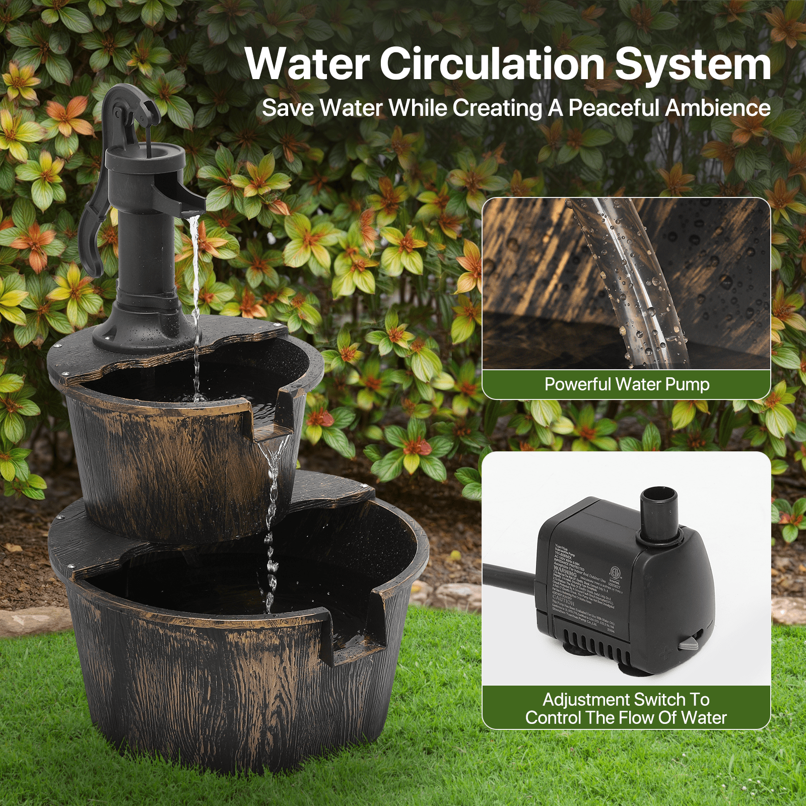 OSM Outdoor Water Fountain, 27" Tall 2-Tier Barrel Design with Waterfall and Electric Pump, Freestanding Water Feature for Garden, Patio, Backyard, Porch, 11 L Capacity, Bronze