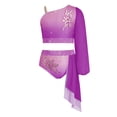 thumbnail image 5 of iiniim Girls Lyrical Dance Outfit One Shoulder Long Puff Sleeve Crop Top With Applique Asymmetrical Skirt Set Purple 10, 5 of 7