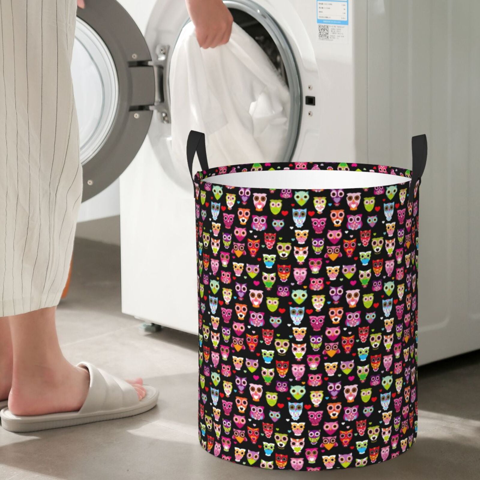 Large Laundry Basket with Handles - Colourfull Owl Kids Baby Dirty Clothes Laundry Hamper for Bedroom Aesthetic