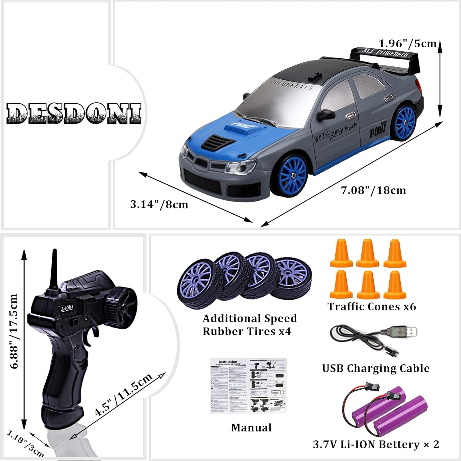 ATJIA Remote Control Car RC Drift Car 2.4GHz 1:24 Scale 4WD 15KM/H High Speed Drifting Tire Racing Sport Toy Car