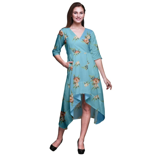 Bimba Coton Bleu Anémone Chinoise Floral Femmes Col en V Poche Asymétrique Robe Droite Manches Courtes Mi-Longue-Xx-Grand
