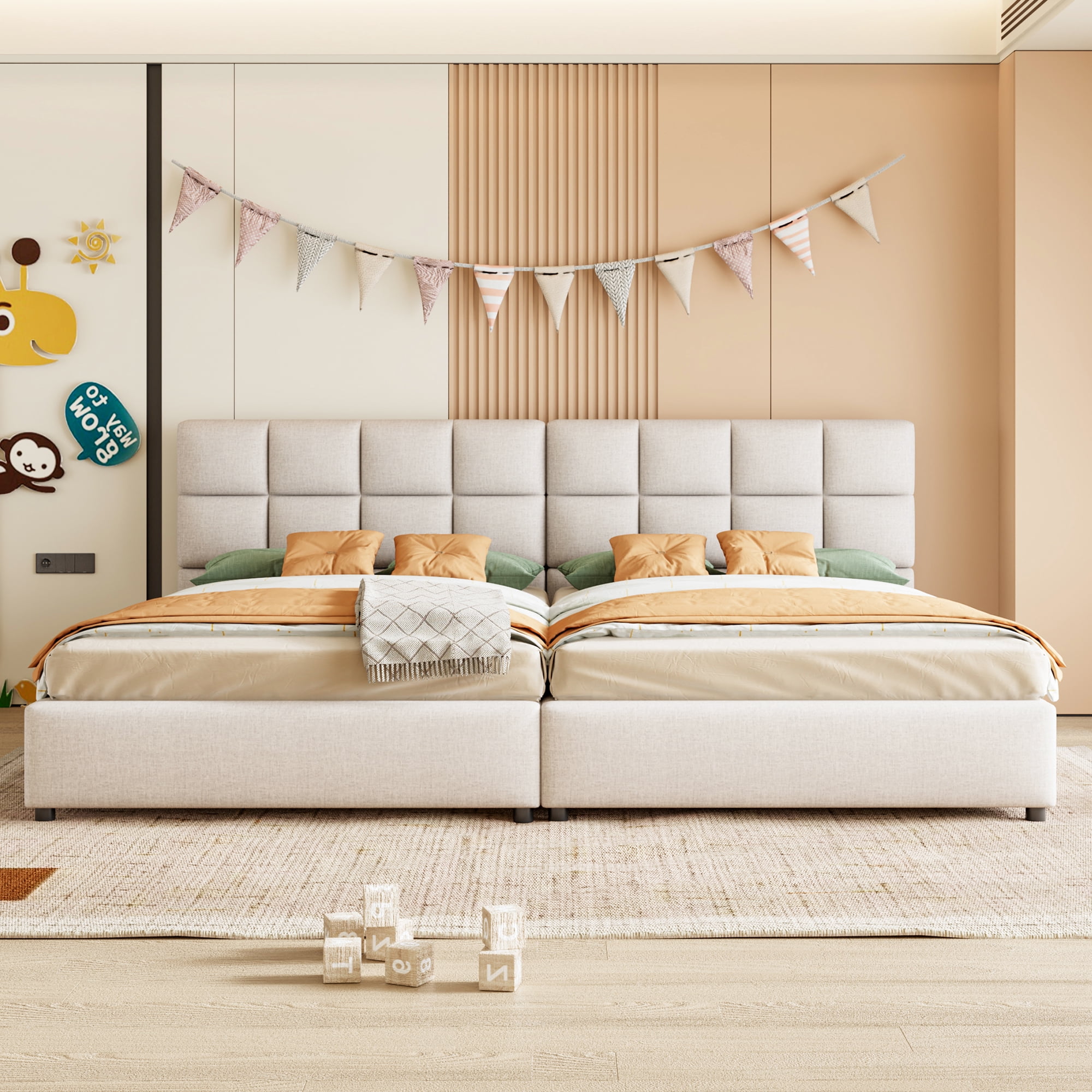 2 Pcs Twin Size Upholstered Platform Bed with Underbed Hydraulic Storage System