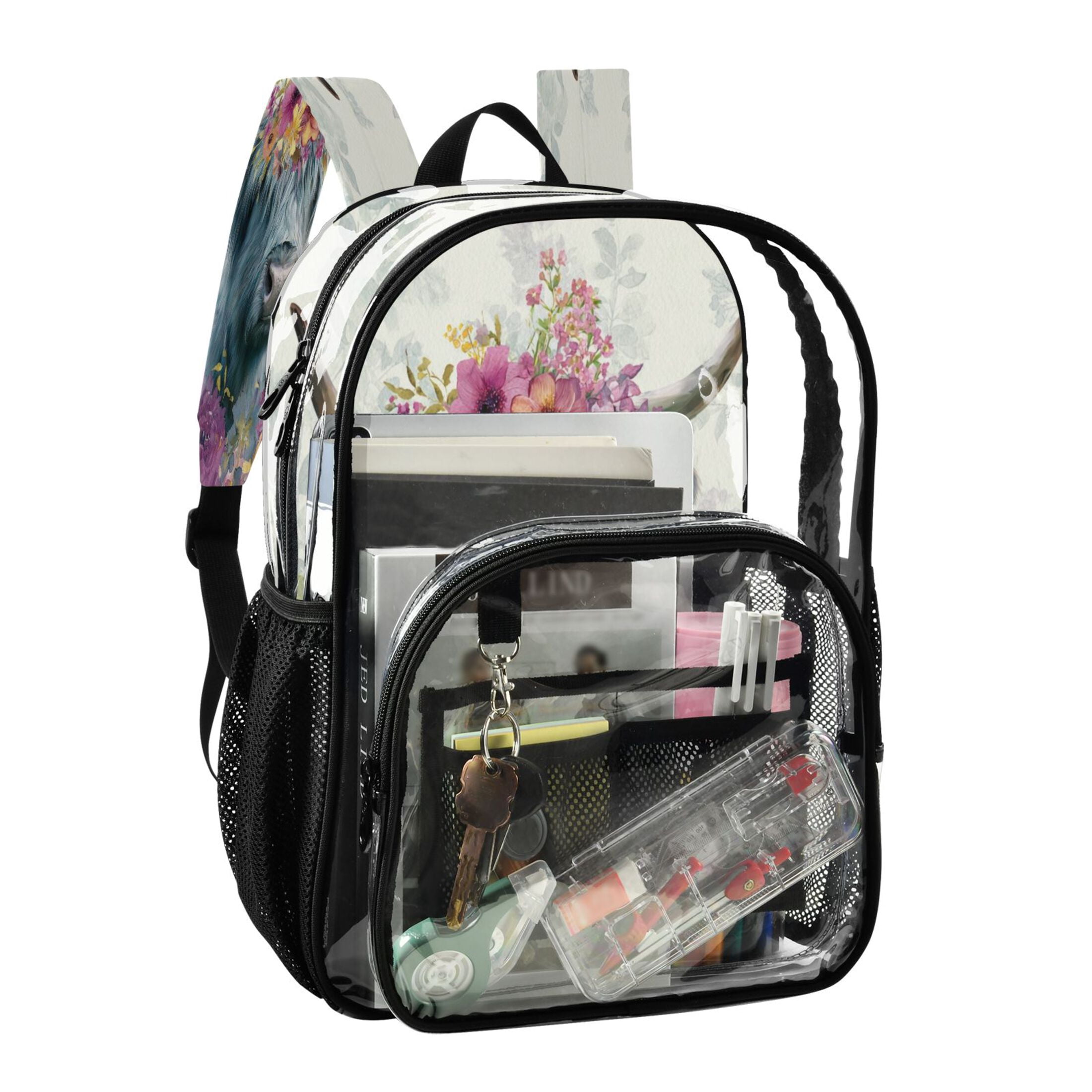 PVC Transparent Backpacks Clear Backpack for Travel and Outings Highland Cow with Wildflowers